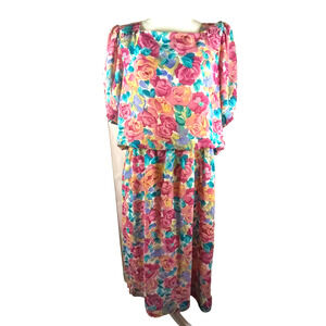 Vintage Tabby Of California Women's Dress Size 16 Peach Pink Floral Church...
